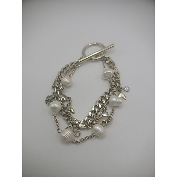 Vintage Bracelet Multi Strand Silver Tone Imitation Pearl Crystals Jewelry - Picture 8 of 11